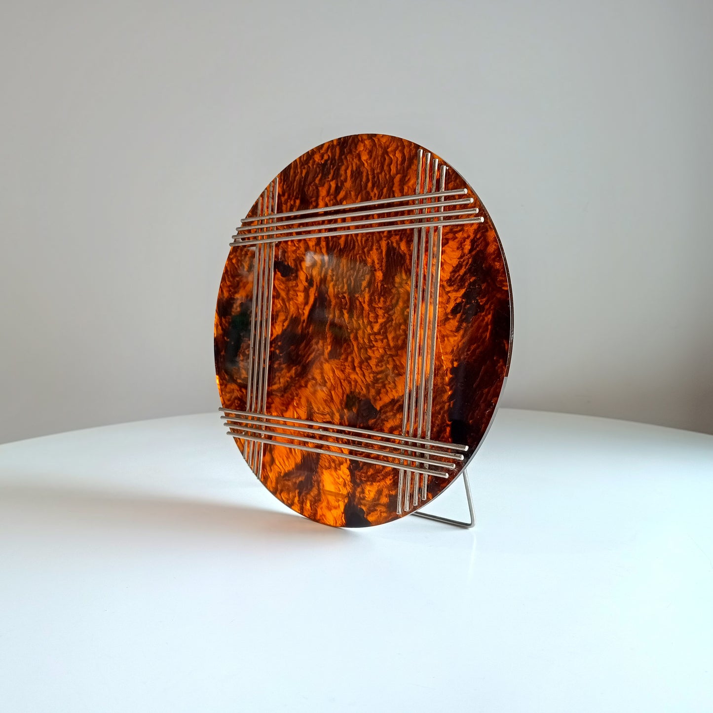 Large Vintage Midcentury Modern Round Tortoiseshell Lucite Tabletop Frame in the style of Christian Dior Home