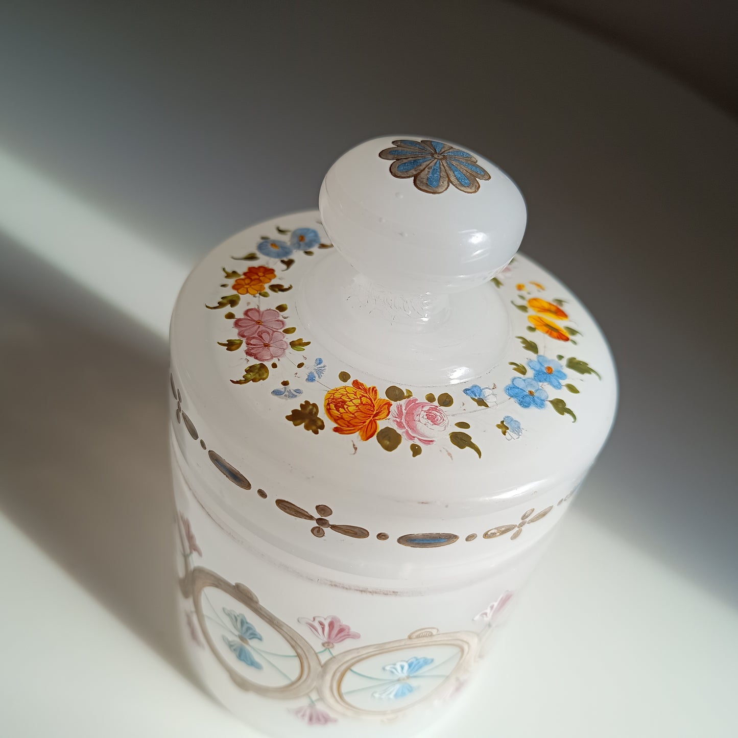Antique Opaline Glass Cookies Jar: Hand Enamelled, Late Biedermeier, Romantic Revival, 1860s