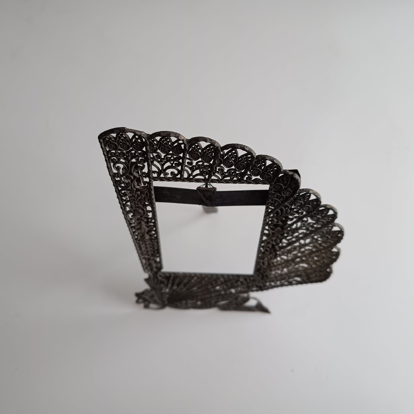 Antique Jugendstil Faux Filigree Curtain Shaped Tabletop Easel Stand Photo Frame Impressed Toleware c 1900 for Cabinet Portrait Photos