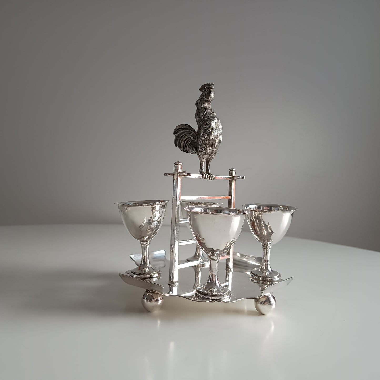 Novelty Zoomorphic Figural Silver Plate Egg Cruet / Breakfast Server: Cockrel on 5-bar Gate