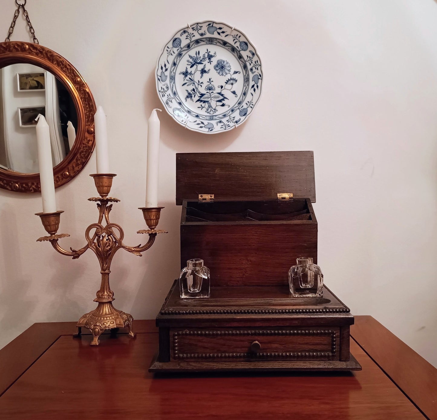 Antique English Small Oak Desk Tidy With Lidded Papers Holder And Pull Out Drawer, Circa 1890 1900