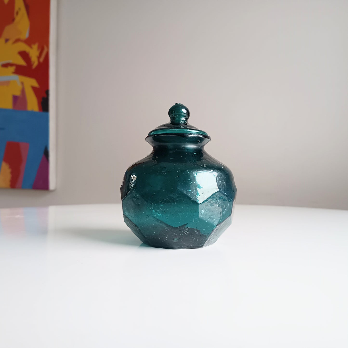 Art Nouveau Era Lidded Glass Candy Jar, Dark Blue-Green, Honeycomb Design, 1900s