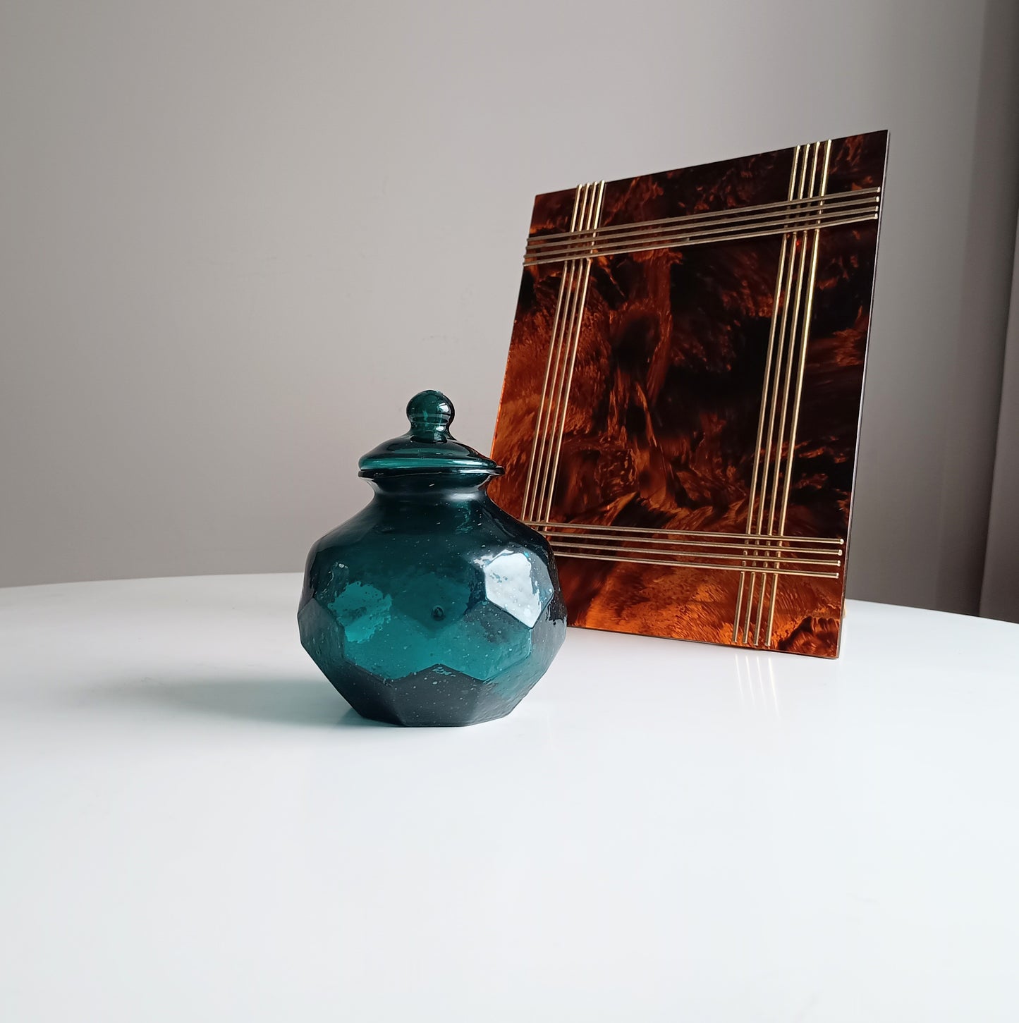 Art Nouveau Era Lidded Glass Candy Jar, Dark Blue-Green, Honeycomb Design, 1900s