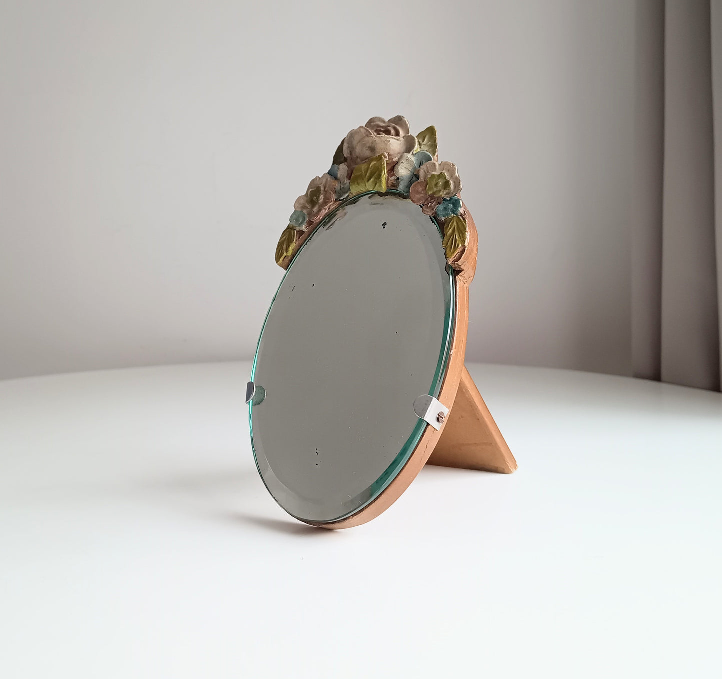 Authentic Vintage English Barbola mirror with Faded Roses Flowers