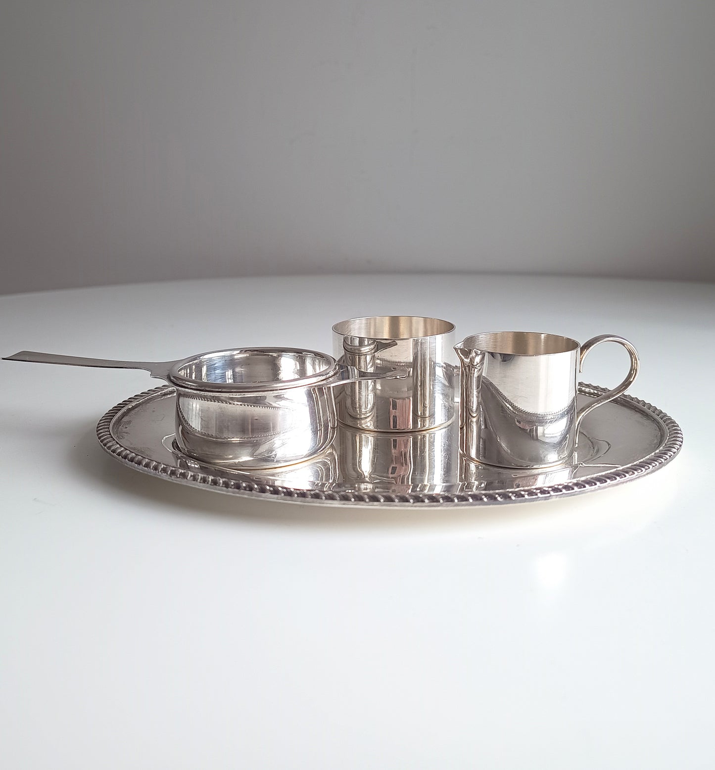 Art Deco Silver Plate Tea Set: Drinks Tray, Creamer, Bowl & Tea Strainer, England, Art Deco
