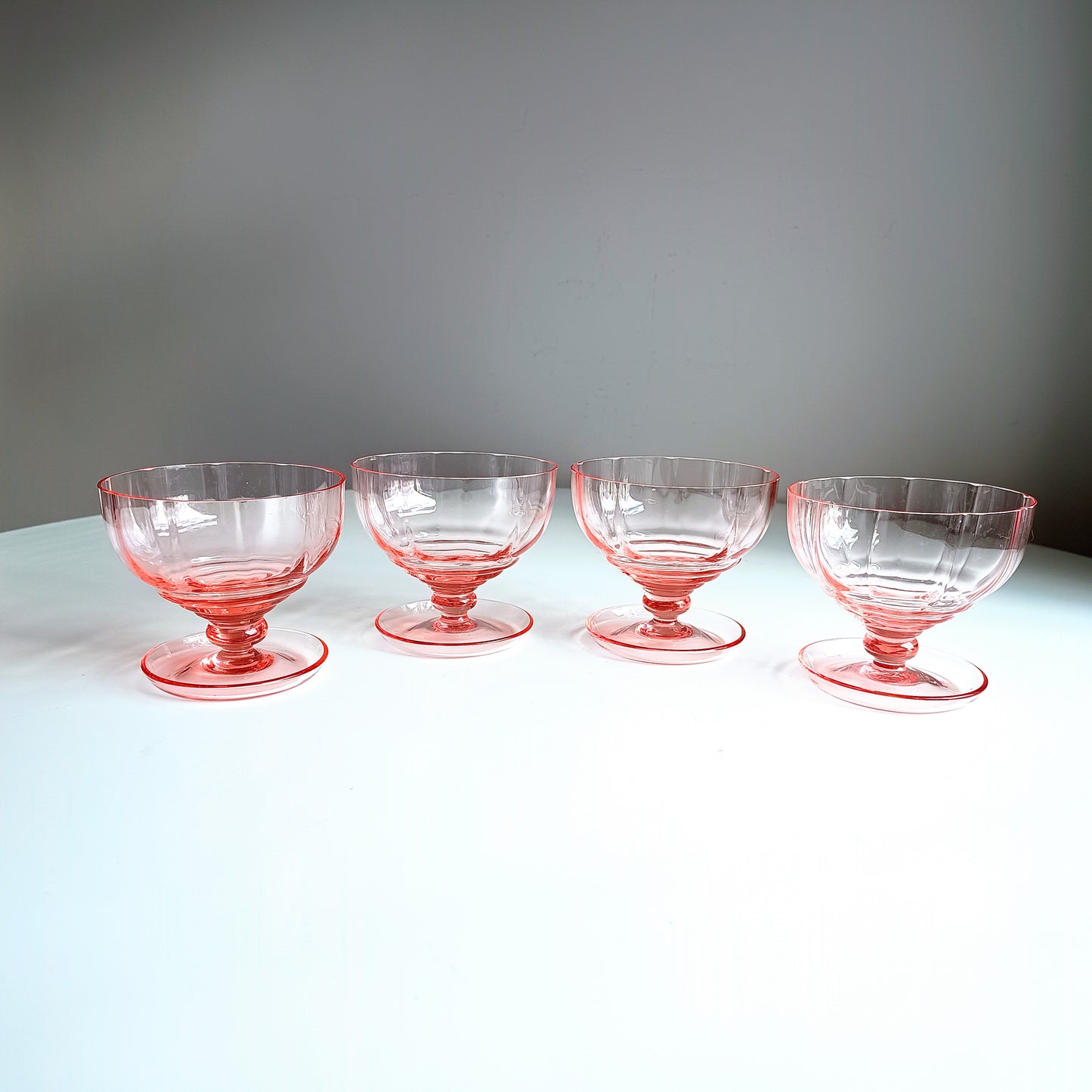 Midcentury Hand-Blown Selenium Glass Ice-cream Bowls: Peach Pink Fine Crystal, European