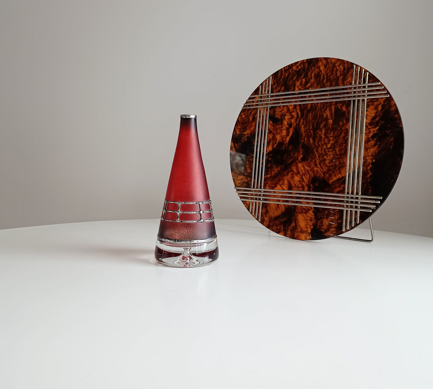 Sculptural Art Glass Vase by Miracle: Silver Overlay, Controlled Base Bubble, Czech Bohemia