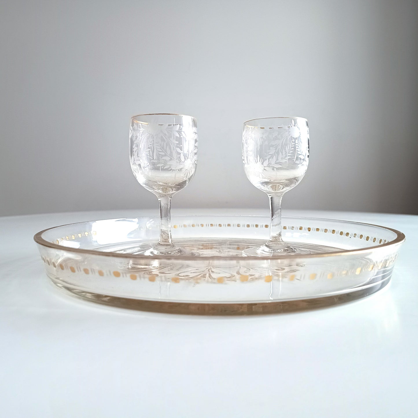 Antique French Aperitif Drinks Service: Tray, Tazza & 2 Glasses: Engraved Garlands, Gilt Decor, Belle Epoque