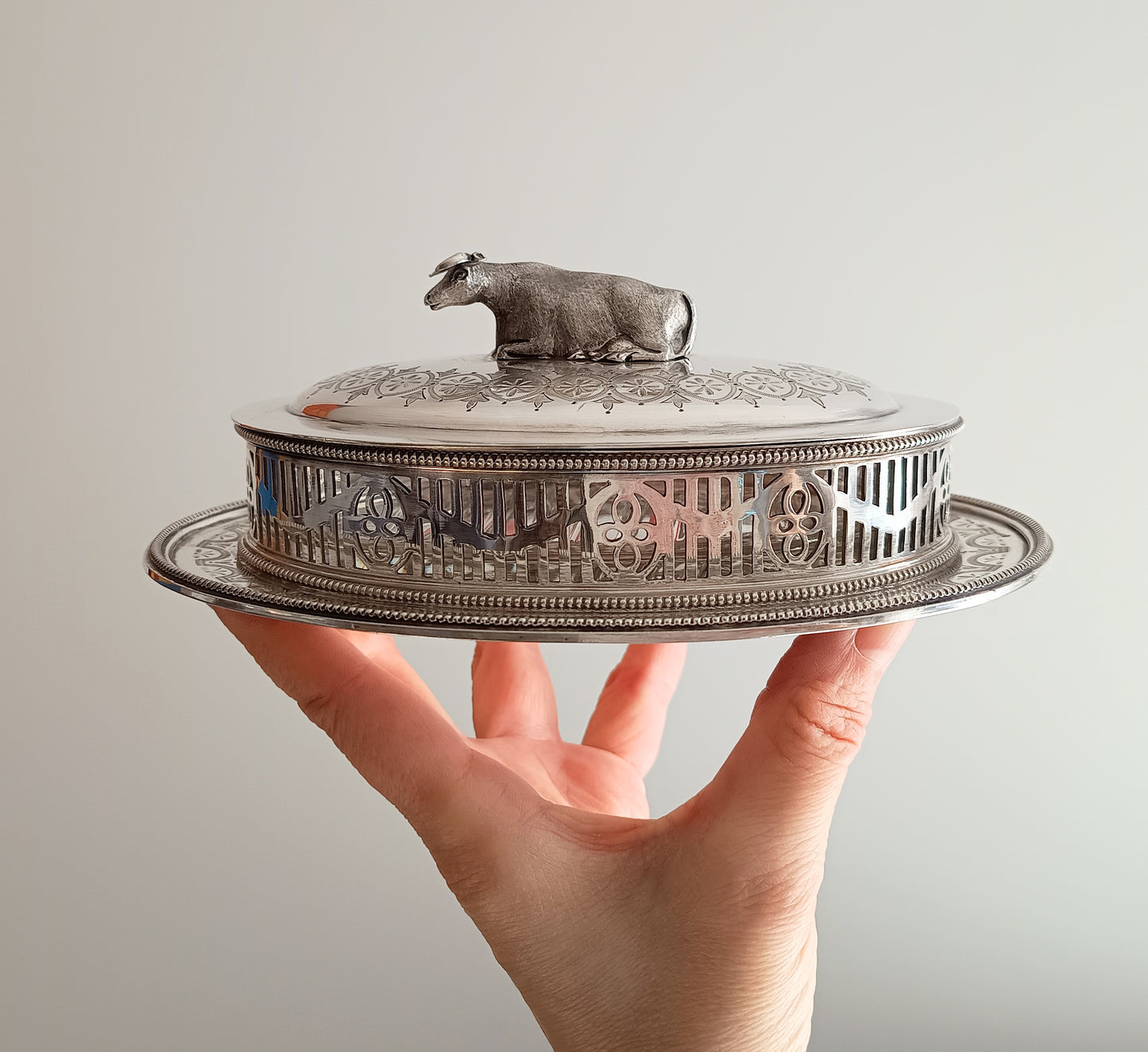 Victorian Novelty Zoomorphic Cow Silver Plate Butter Serving Dish: Martin Hall, Sheffield 1860