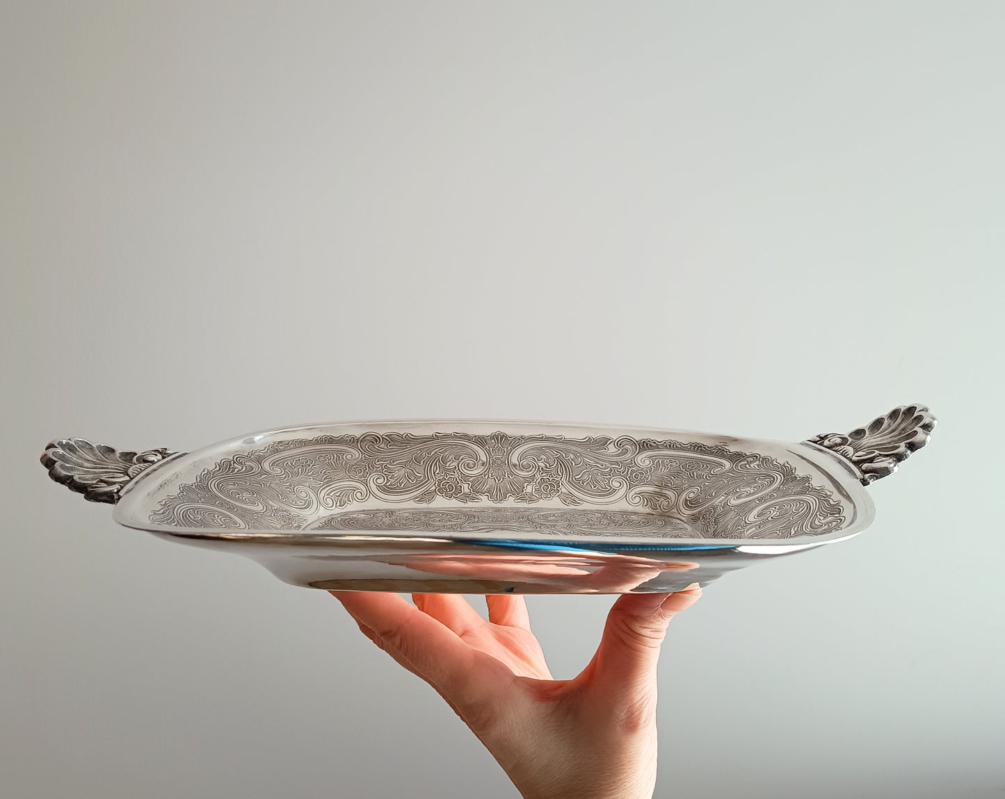 Vintage Silver on Copper Bread & Pastry Serving Tray: Shell Shaped Handles, G Butler, 1900s