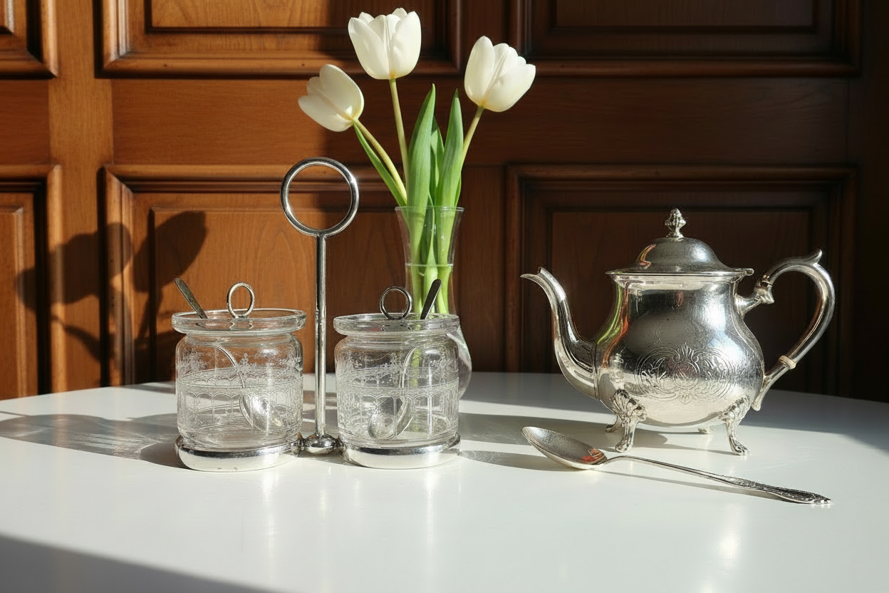 Vintage Hukin & Heath Silver Plate Double Jar Handled Serving Cruet: Stuart Crystal, c 1900