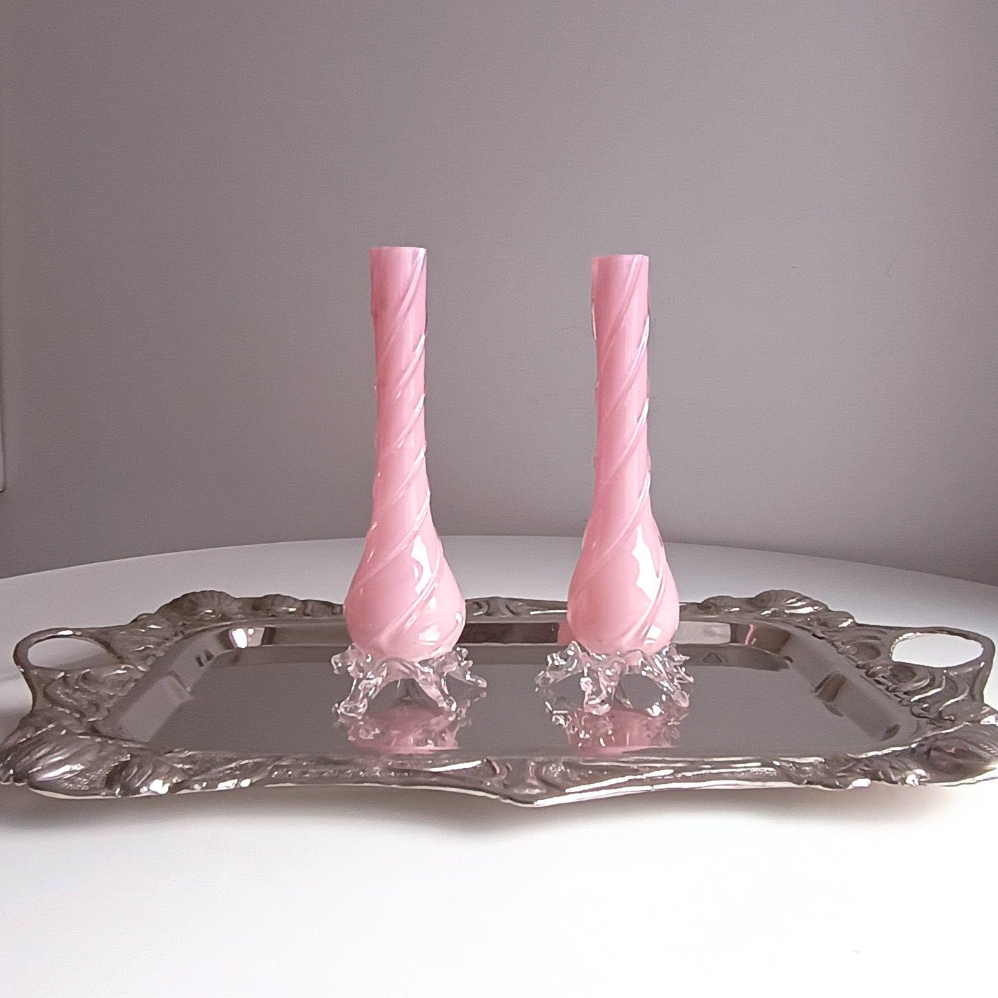 Vintage Murano Pink Opaline Glass Vases, Applied Freeform Feet, Fratelli Toso Style