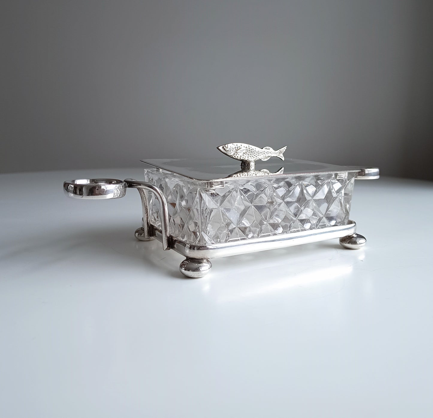 Victorian Henry Bourne Silver-Plated Sardine Dish: Zoomorphic Fish Finial, Cut Glass, England, c 1890