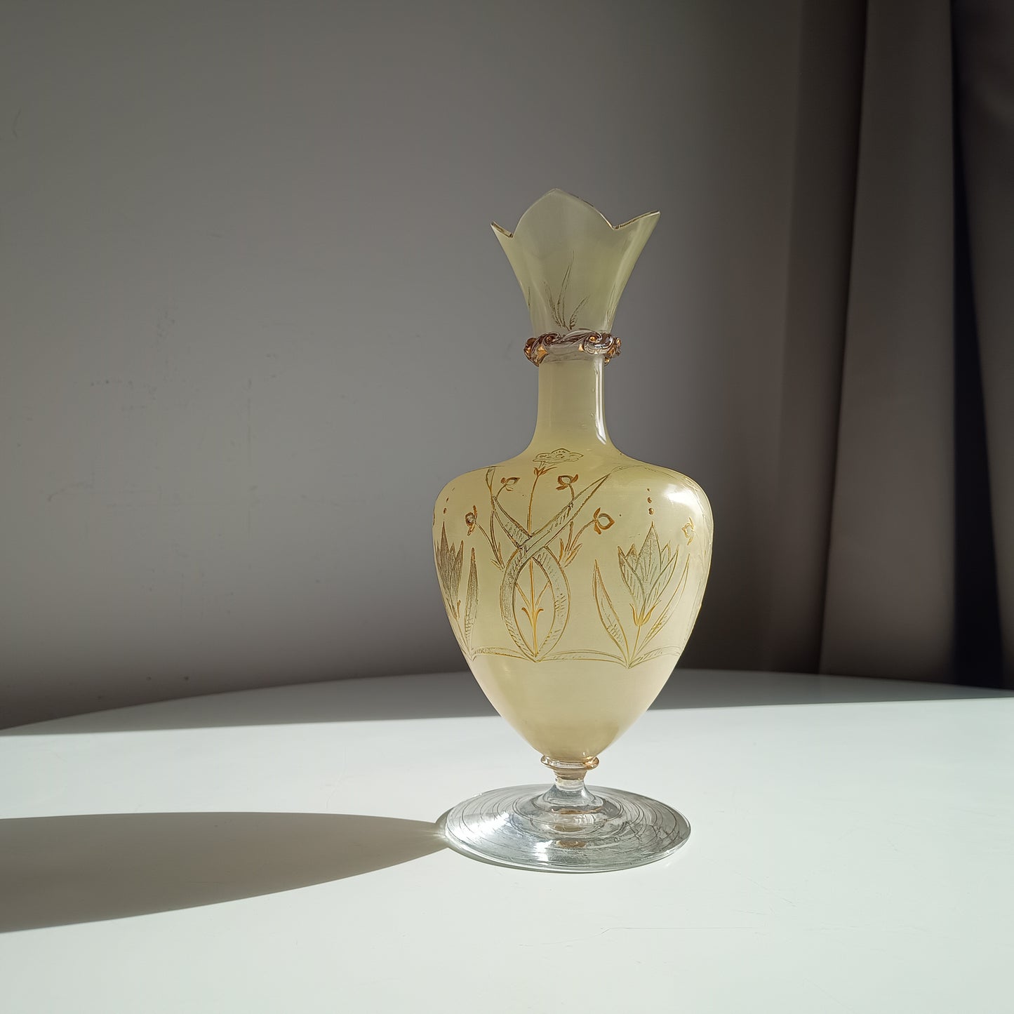 Antique Harrach Belle Epoque Japonisme Gold Paste Enamel Glass Vase: Quatrefoil Geometric Mouth