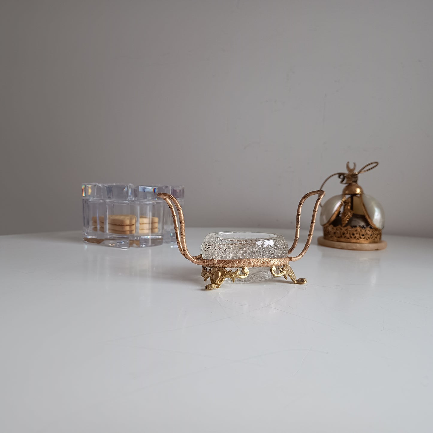 Vintage French Small Serving Dish: Ormolu Empire Feet, Faux Bamboo Handles Seiler Sevres Style 1900