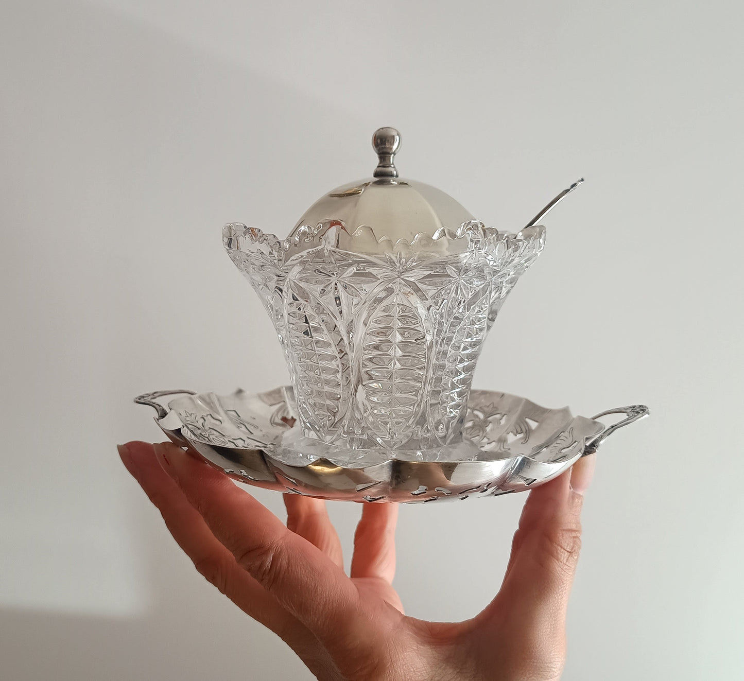 Vintage English Cut Crystal Silver Plate and Cut Glass Marmalade / Jelly Jar