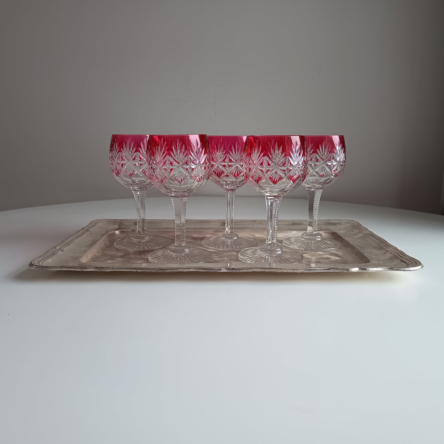 Art Deco English Cut Crystal Wine Glasses: 5 Strawberry Pink, Walsh Walsh, Birmingham 1930s