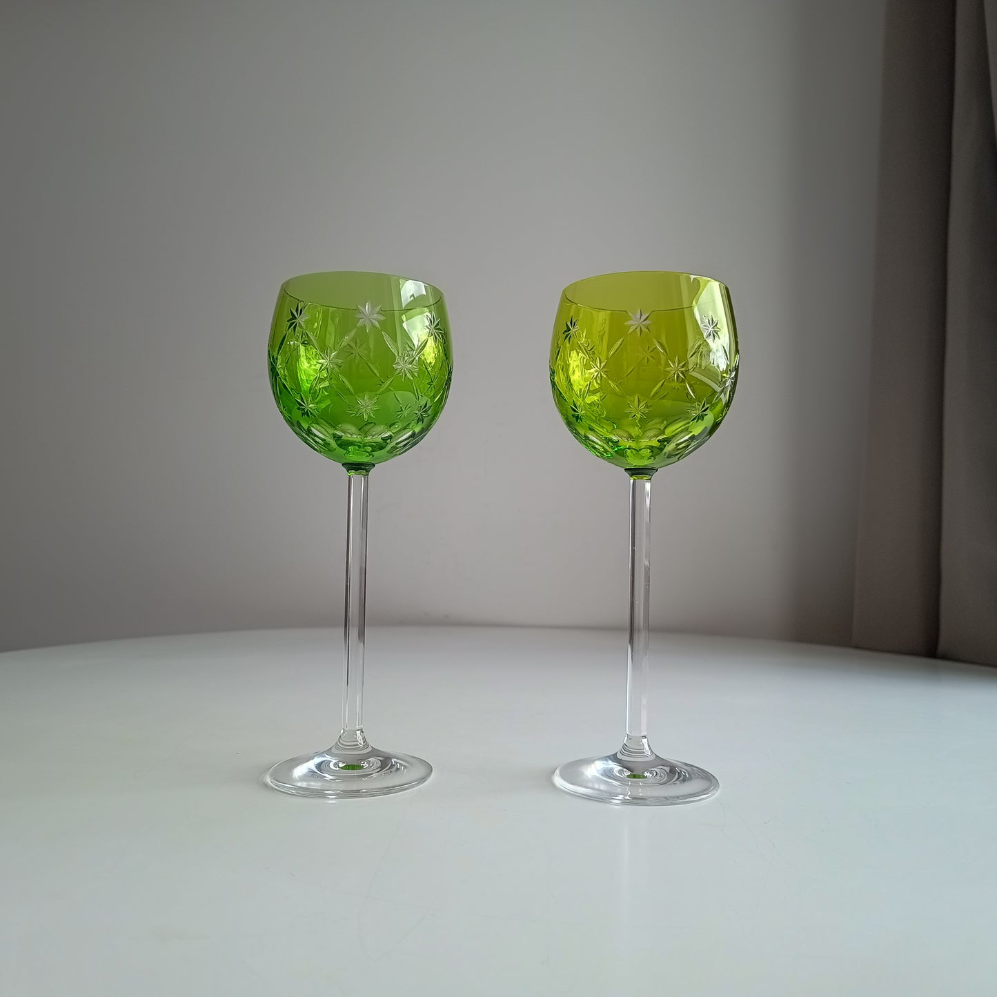 Vintage Pair of Signed Nachtmann Cut-to-Clear Crystal Wine Glasses: Reseda Chartreuse Green