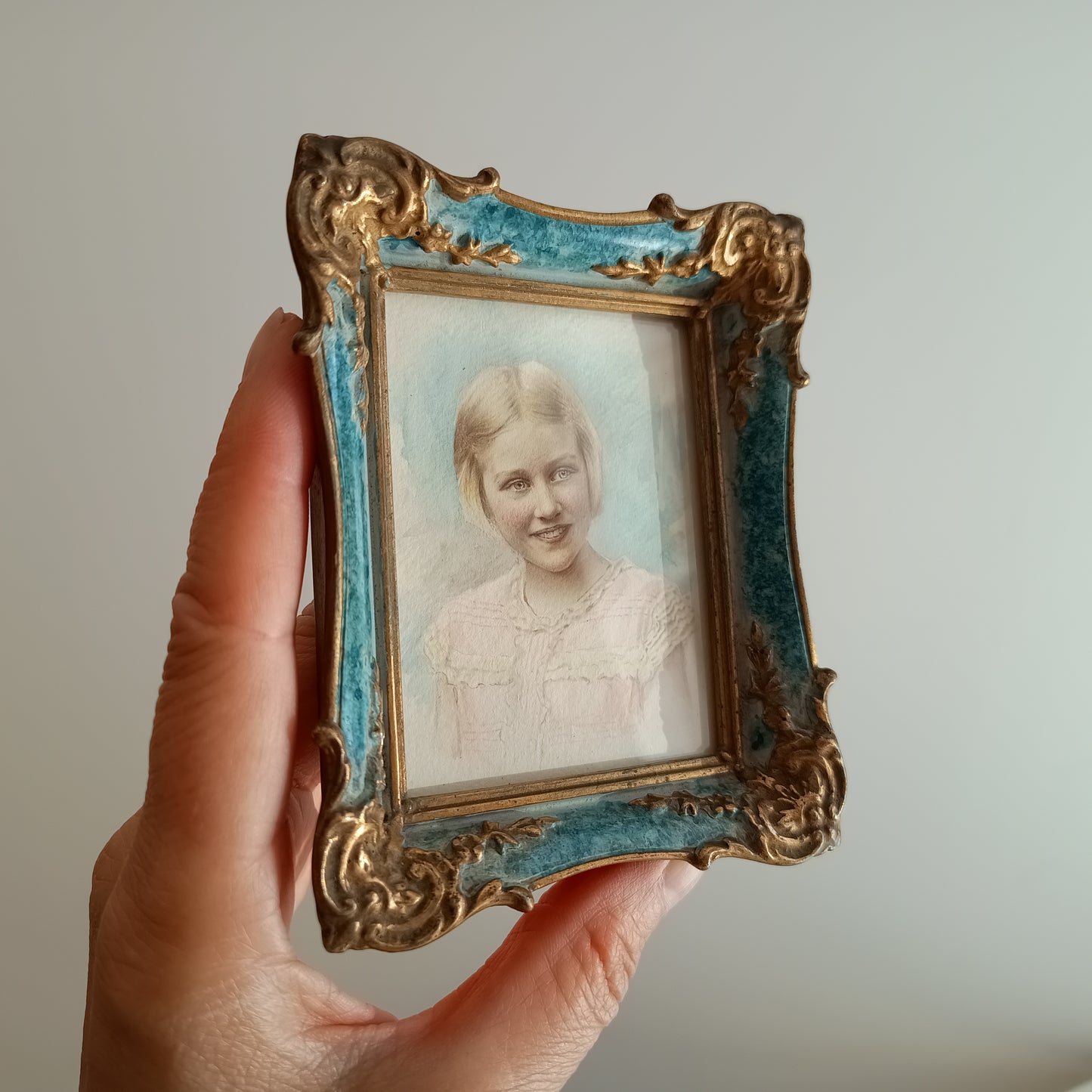 Antique Hand-Finished Pastel Miniature Portrait: Blond Girl, Turquoise Gilt Tabletop Frame
