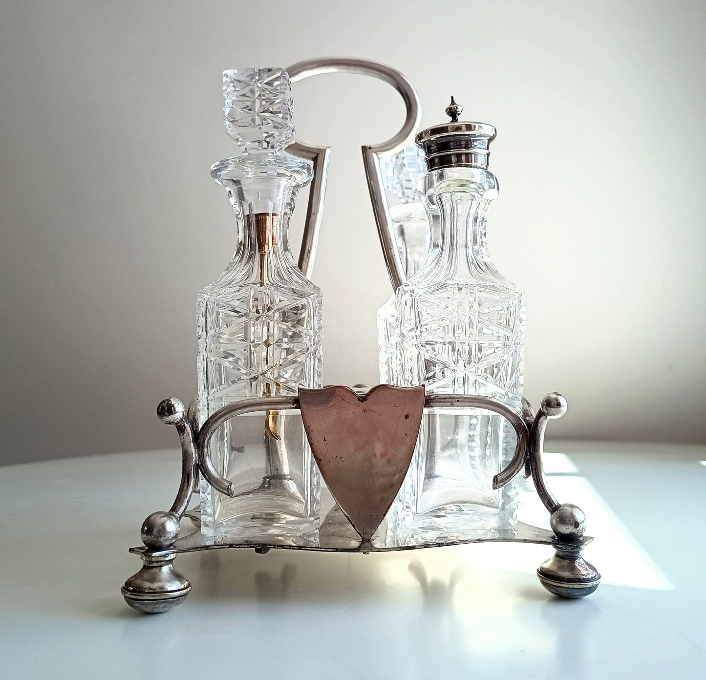 Antique Silver Plate Cruet Stand: Cut Glass Bottles, Cayenne Pepper Server, James Dixon, 1890s