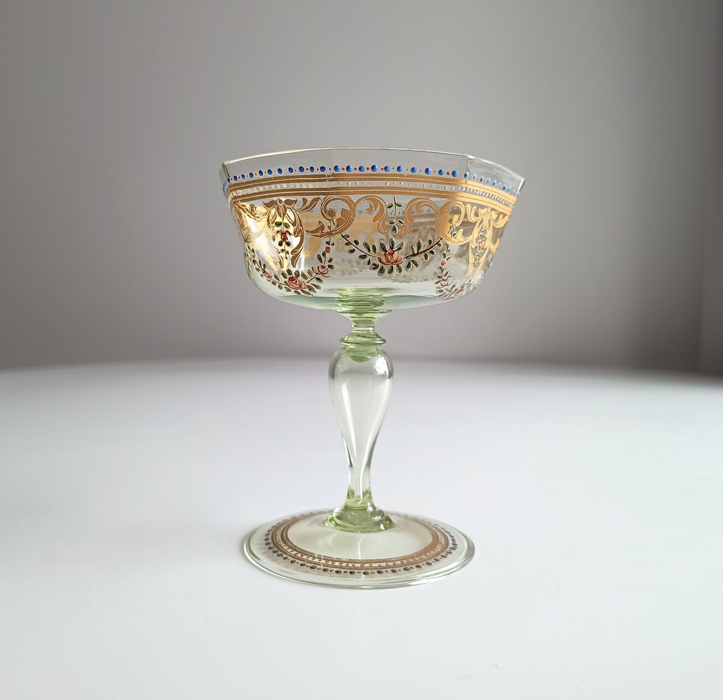 Antique Moser Octagonal Champagne Coupe Glass: Gold Enamels, Rose Garlands, Art Nouveau Goblet