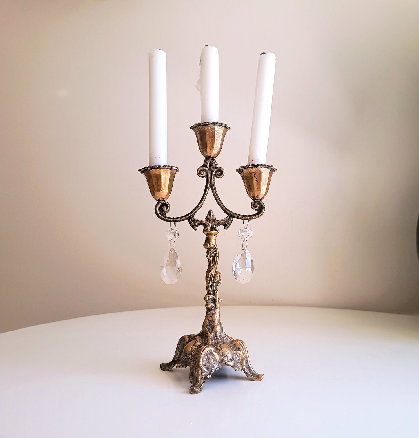 Vintage Art Nouveau 3 Arm Brass Candelabra, Romantic Crystal Prisms, 1900
