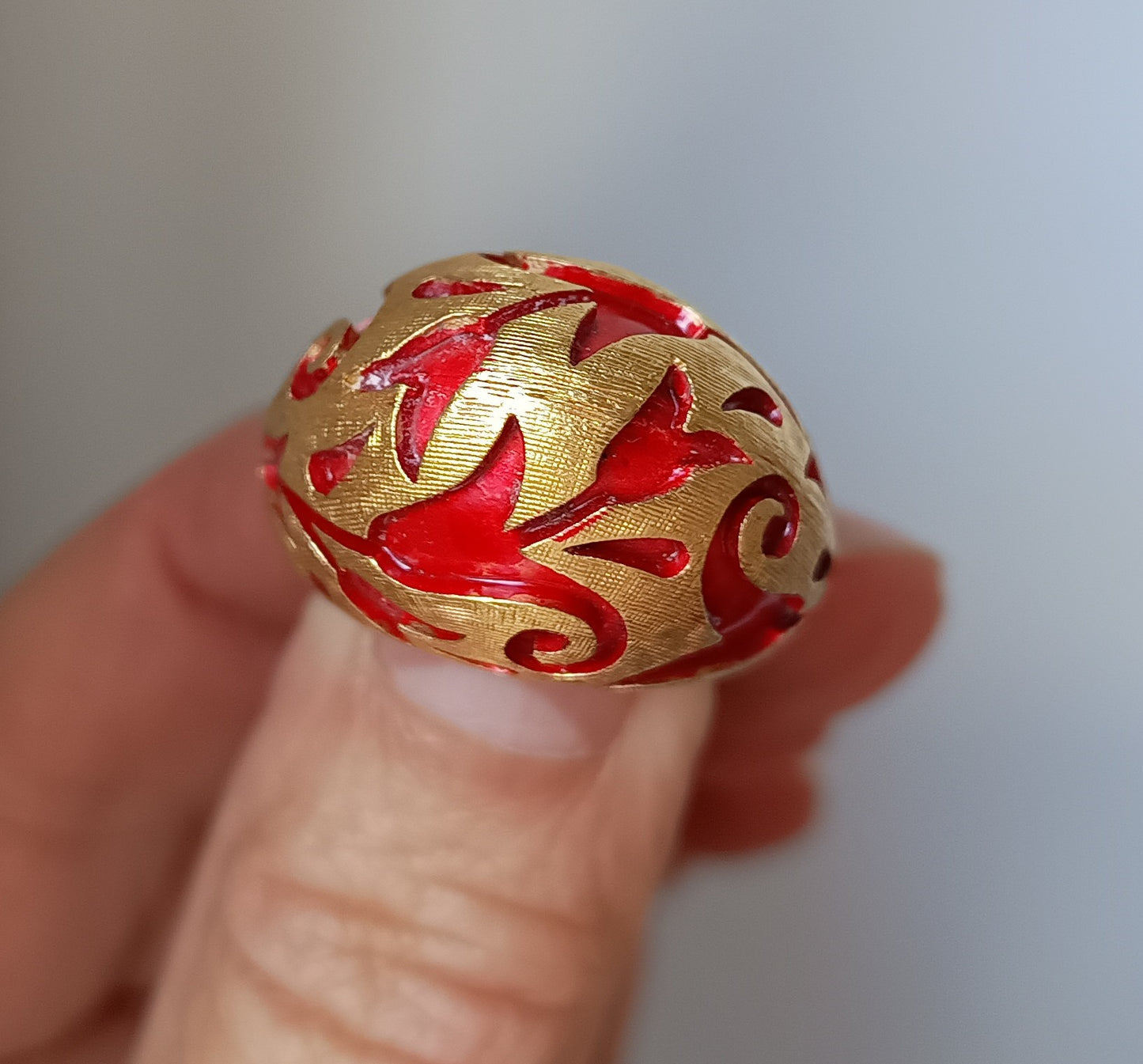 Crown Trifari Alfred Philippe Ring: L'Orient Collection Chinouserie Lotus Red Enamel 1967