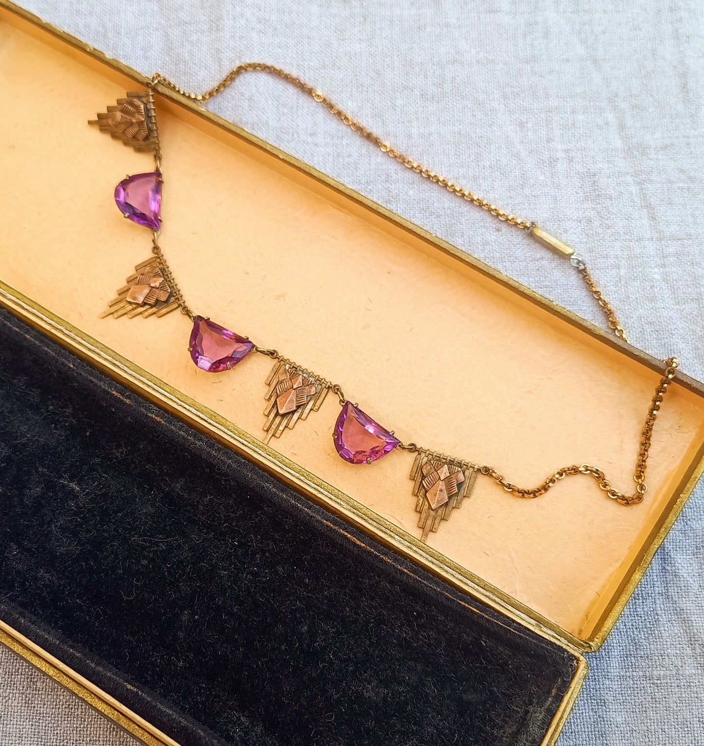 Antique Egyptomania Art Deco Amethyst Glass Festoon Necklace, Pyramid Motif, Authentic 1920s