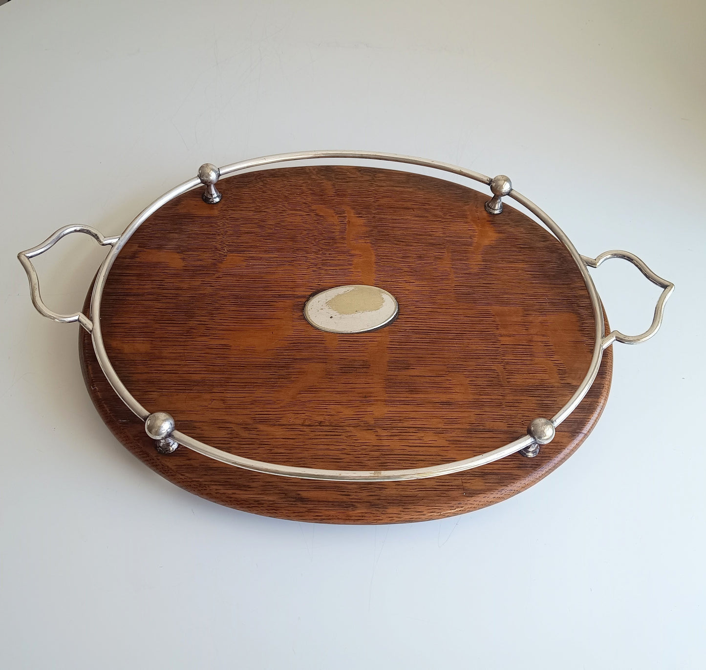 Antique Victorian Oak Silver Plate Ships Style Tray: Ball & Rail Gallery, Bun Feet