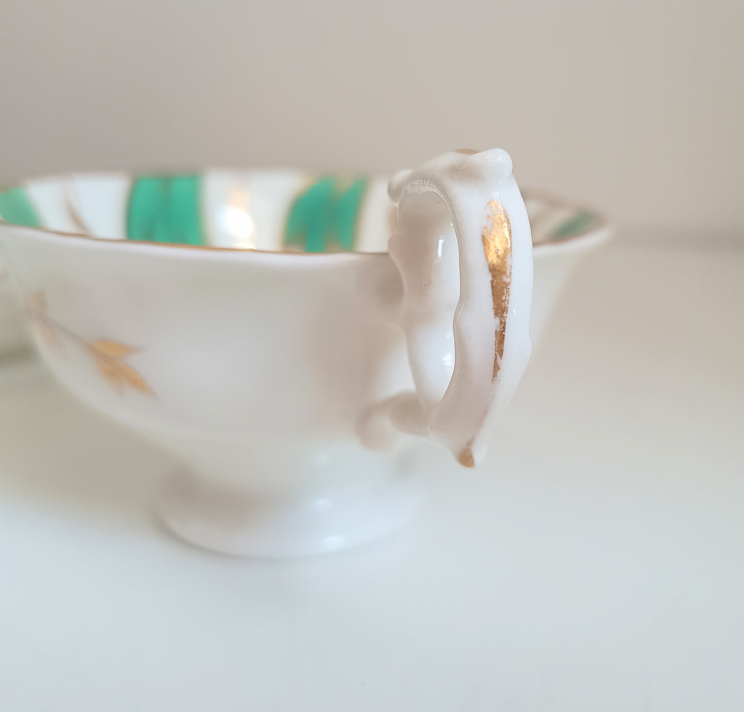 Antique Regency Samuel Alcock Tea Cup and Saucer, Pattern 601, Jade Green & Gold Wheat, Rococo Revival 1830s