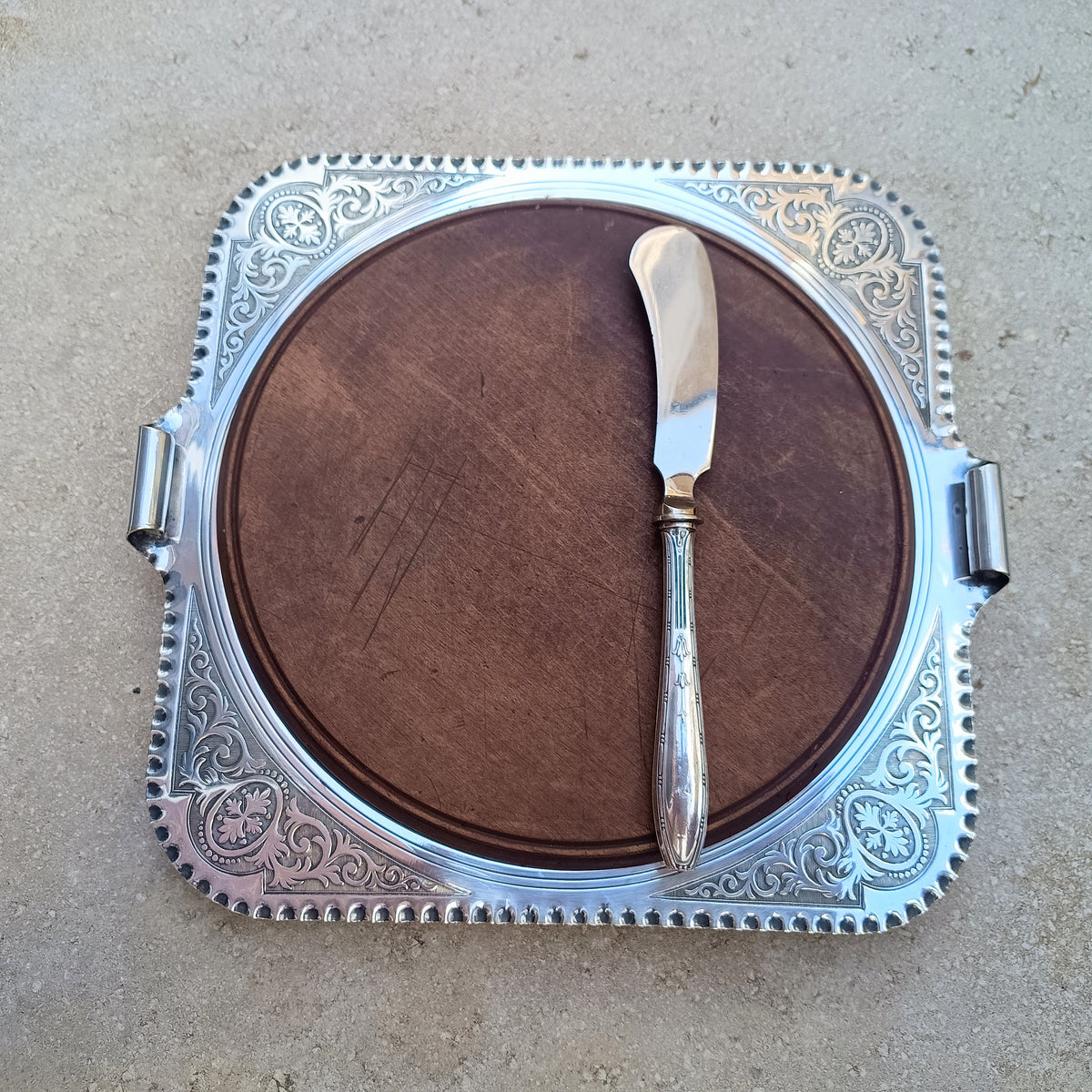 Antique English Chased Silver Plated Cheese / Charcuterie Board & Antique 800 Silver Handle Spreader