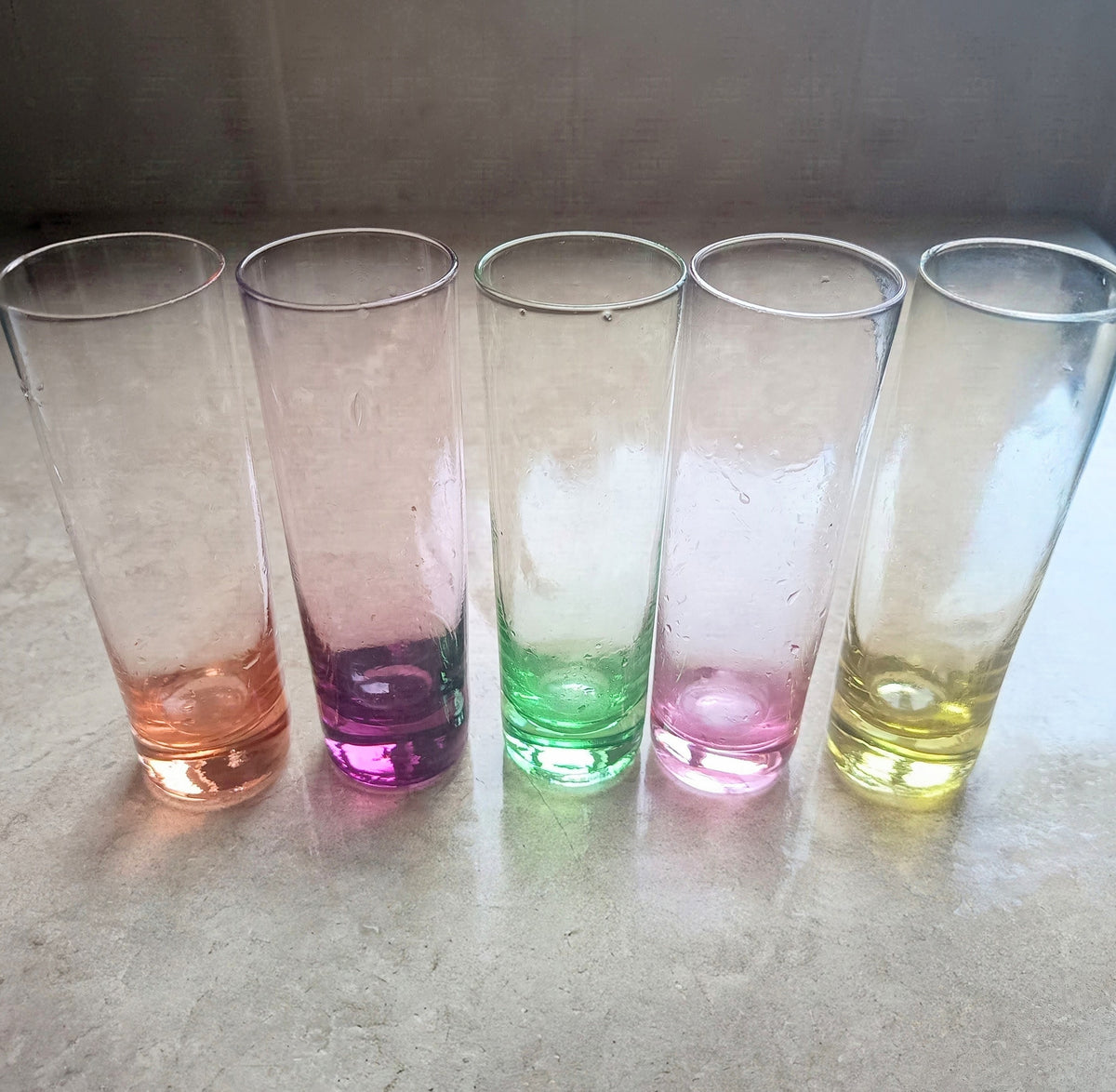 Vintage Midcentury Modern Harlequin Shotglasses, Coloured Glass Barware Olbernhau, Lausitzer
