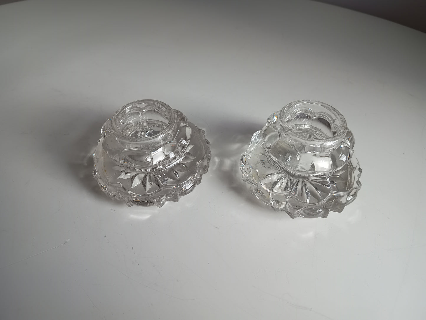 Pair of Antique Russian Pressed Cut Glass Inkwells “Maltsov” | Goose-Crystalni Factory | Circa Late 19th Century