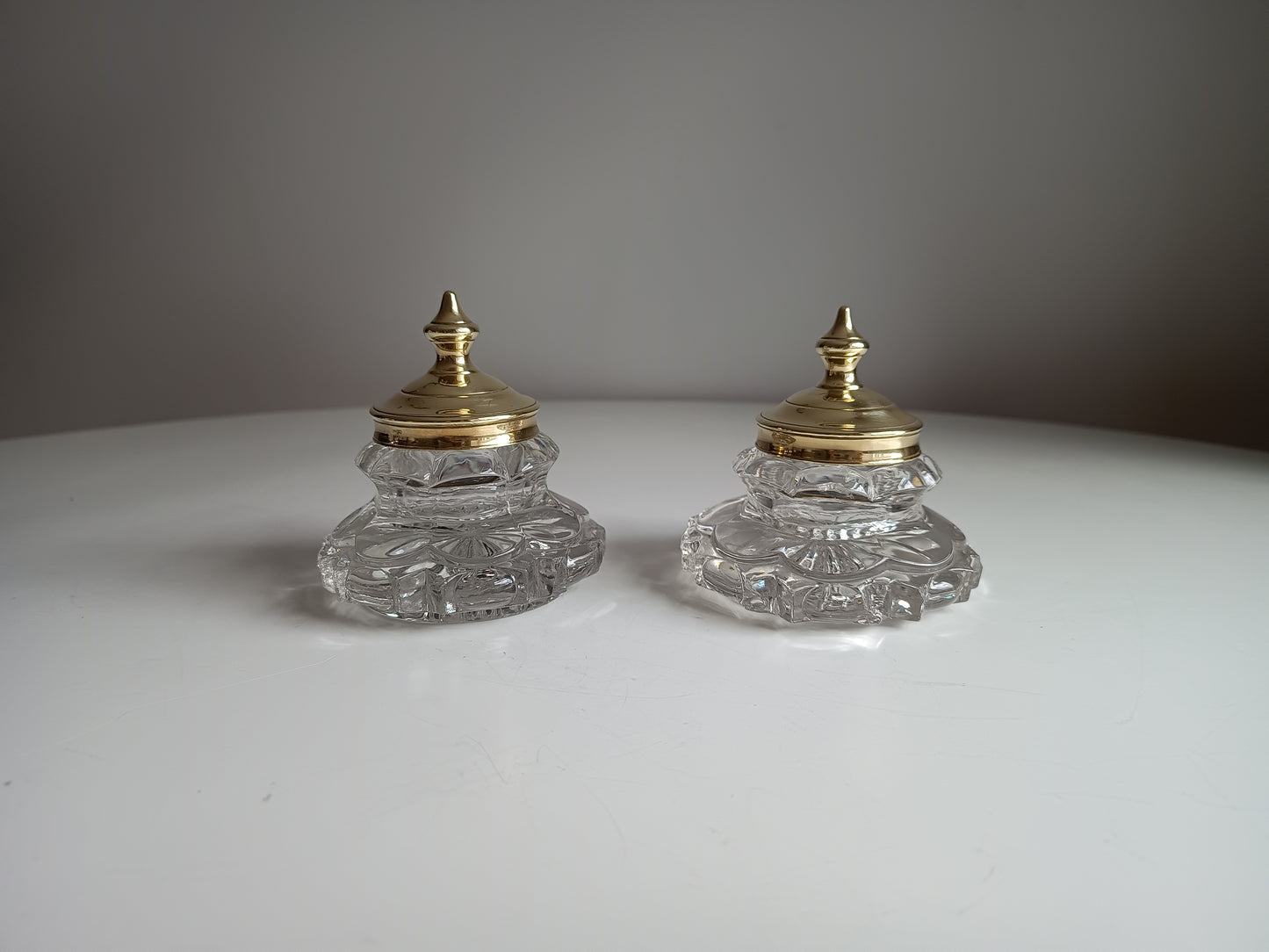 Pair of Antique Russian Pressed Cut Glass Inkwells “Maltsov” | Goose-Crystalni Factory | Circa Late 19th Century