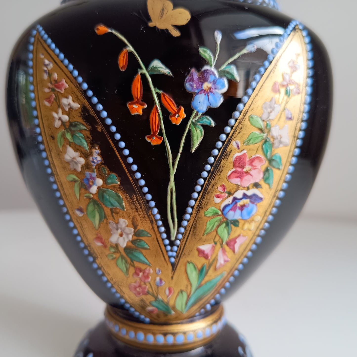 Rare Antique French Enamelled Black Glass Vase — Attributed to Legras or Mont Joye | Neo-Grec Belle Époque c. 1885–1900