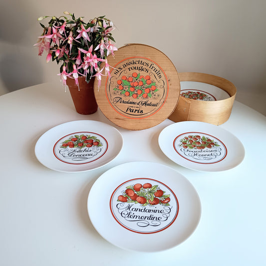 1970s Boxed French Vintage Porcelain Plates Red Fruits Porcelaine D'Auteuil