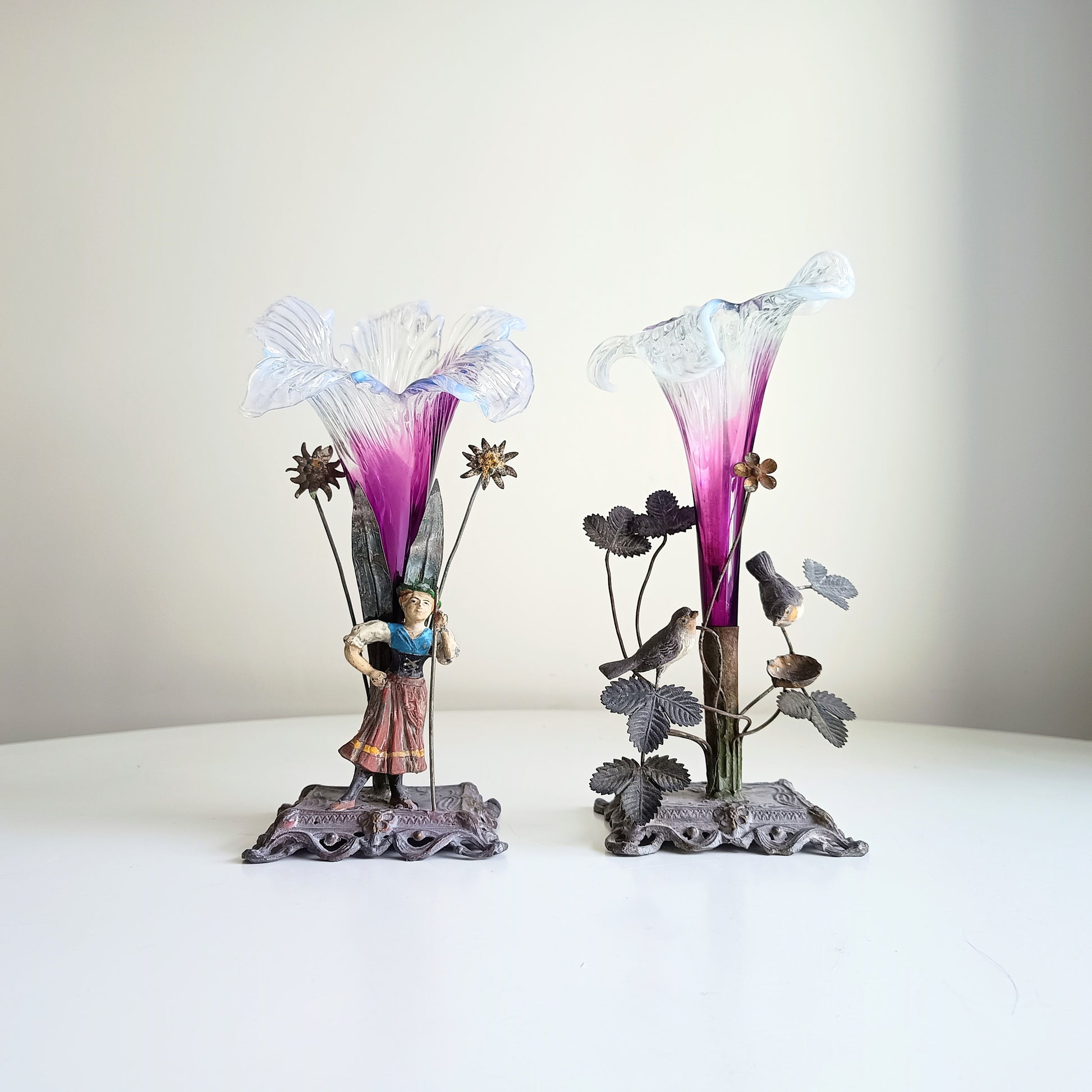 Vienna School Art Nouveau Floriform Glass Solifleur Vases with Cold Painted Metal Pedestals | Wilhelm Kralik