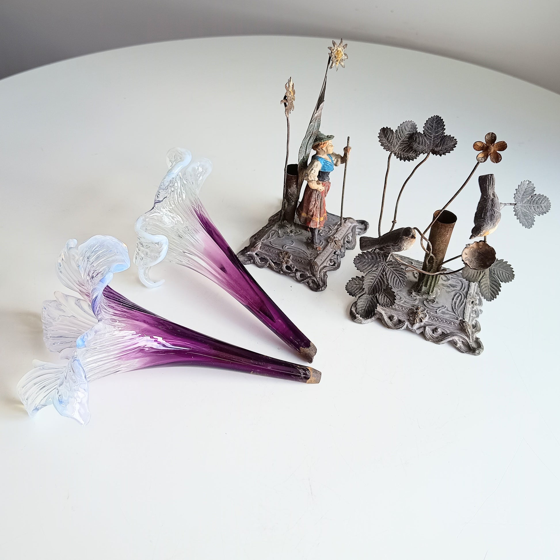 Vienna School Art Nouveau Floriform Glass Solifleur Vases with Cold Painted Metal Pedestals | Wilhelm Kralik