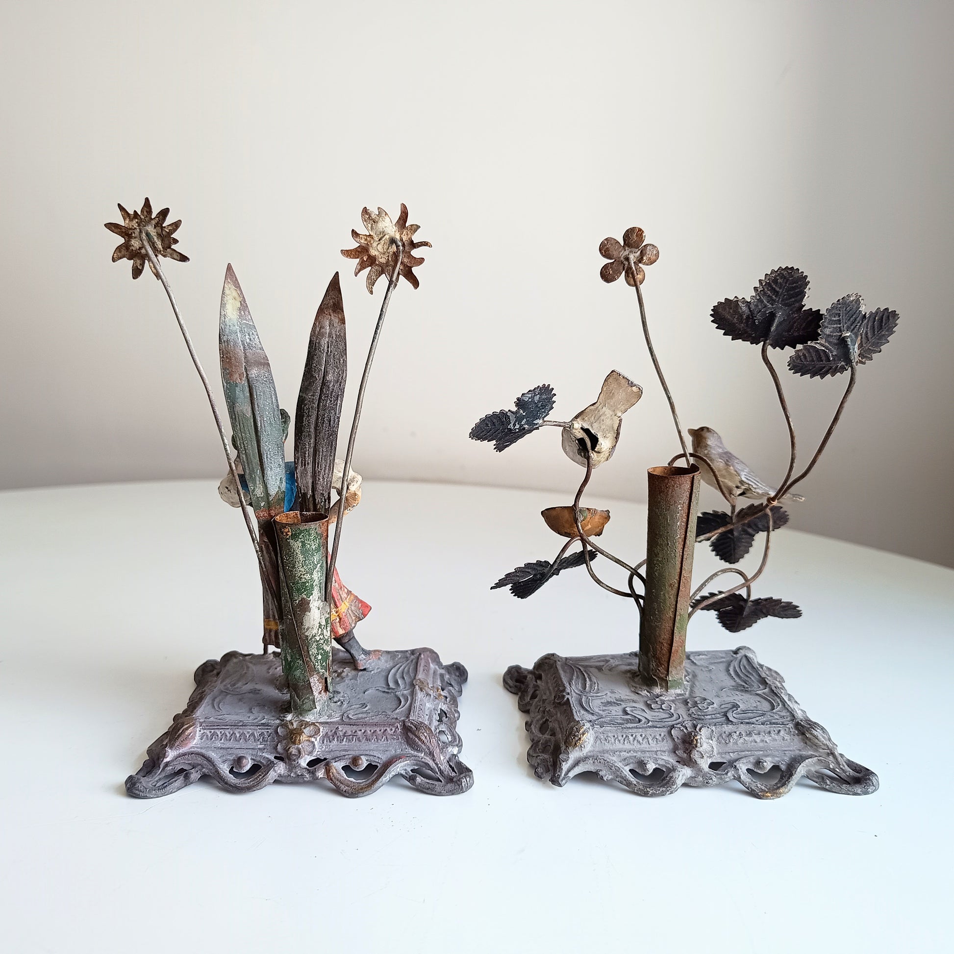 Vienna School Art Nouveau Floriform Glass Solifleur Vases with Cold Painted Metal Pedestals | Wilhelm Kralik