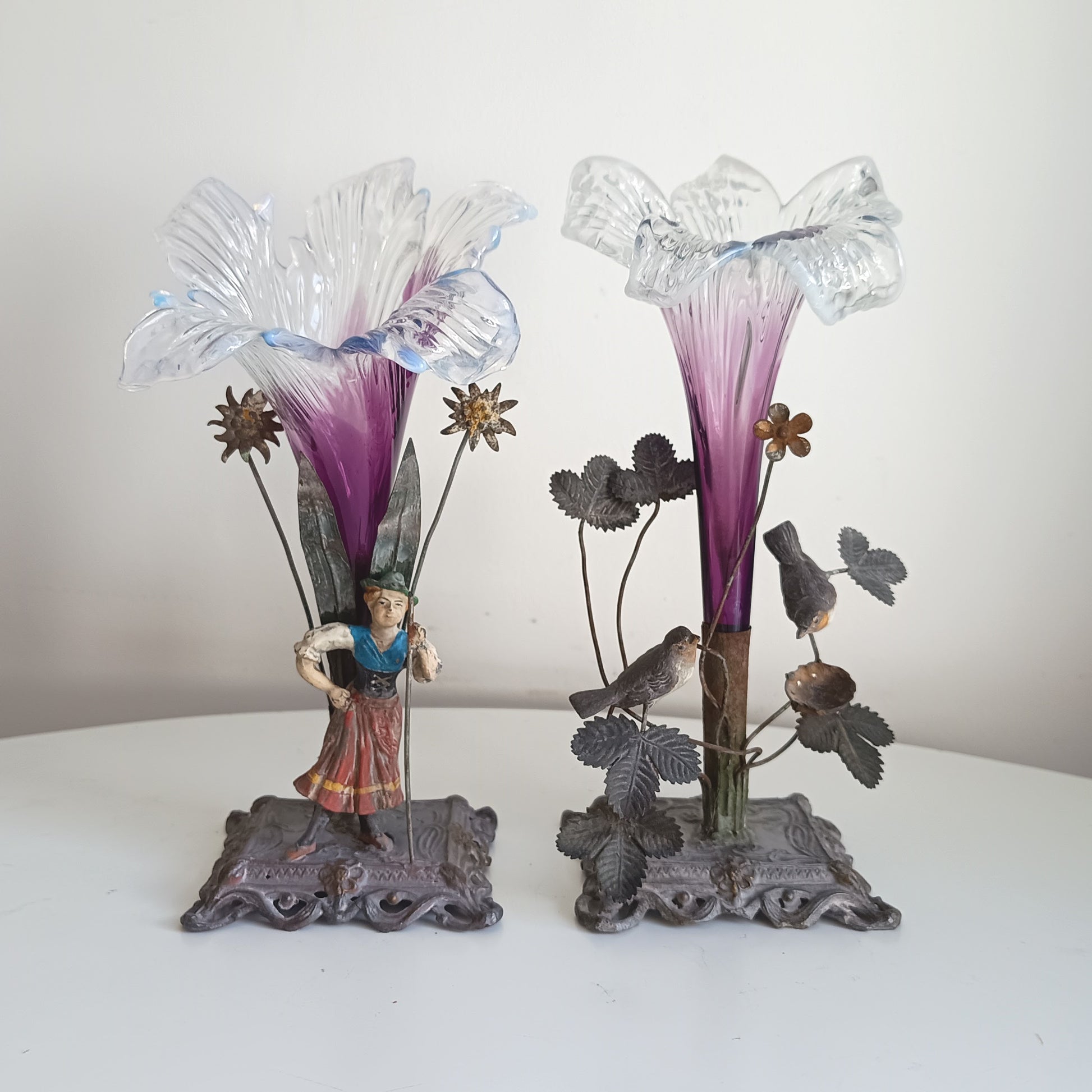 Vienna School Art Nouveau Floriform Glass Solifleur Vases with Cold Painted Metal Pedestals | Wilhelm Kralik