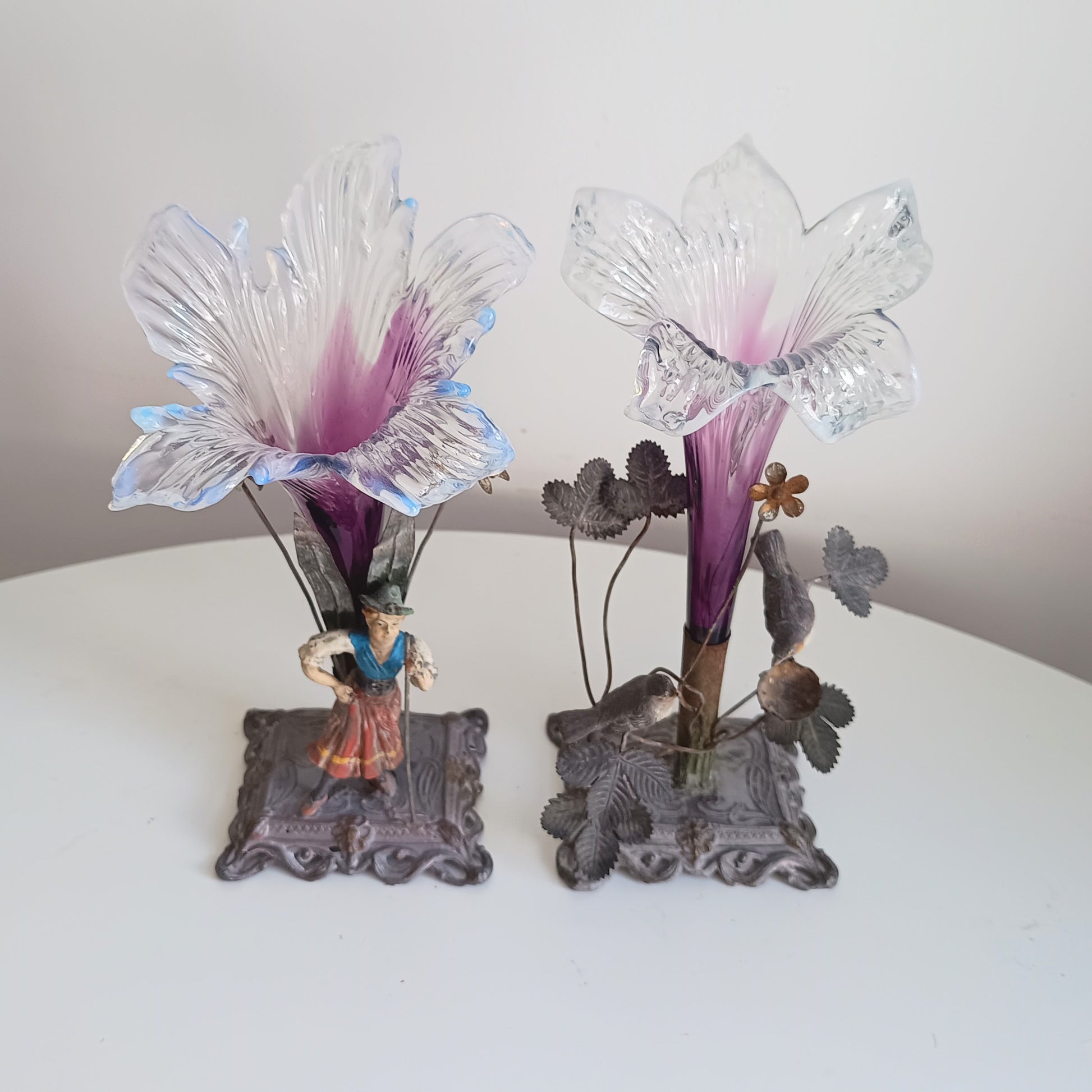 Vienna School Art Nouveau Floriform Glass Solifleur Vases with Cold Painted Metal Pedestals | Wilhelm Kralik