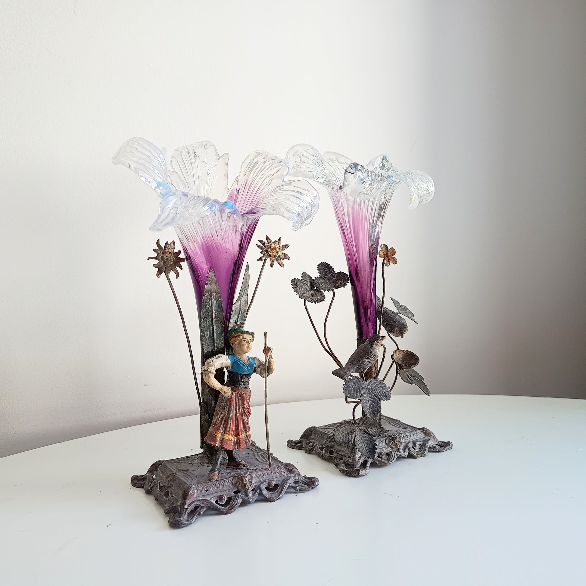 Vienna School Art Nouveau Floriform Glass Solifleur Vases with Cold Painted Metal Pedestals | Wilhelm Kralik