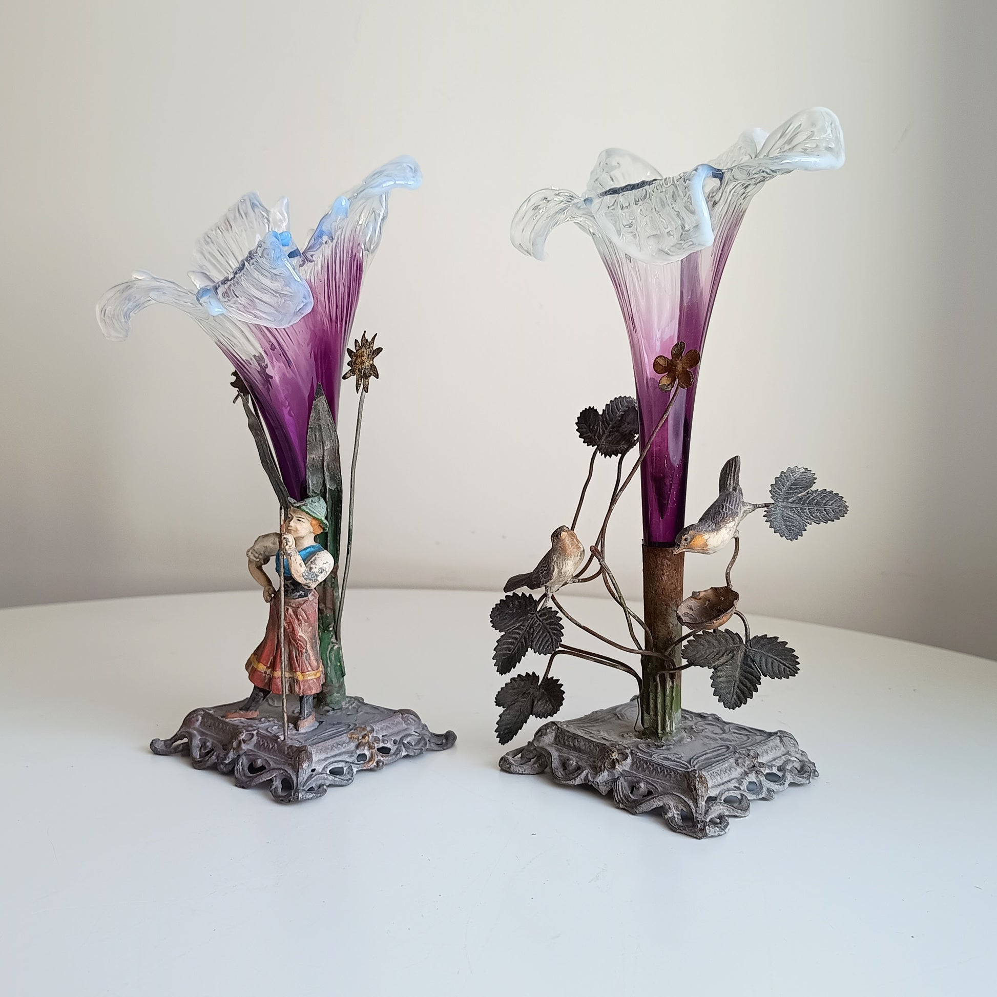 Vienna School Art Nouveau Floriform Glass Solifleur Vases with Cold Painted Metal Pedestals | Wilhelm Kralik