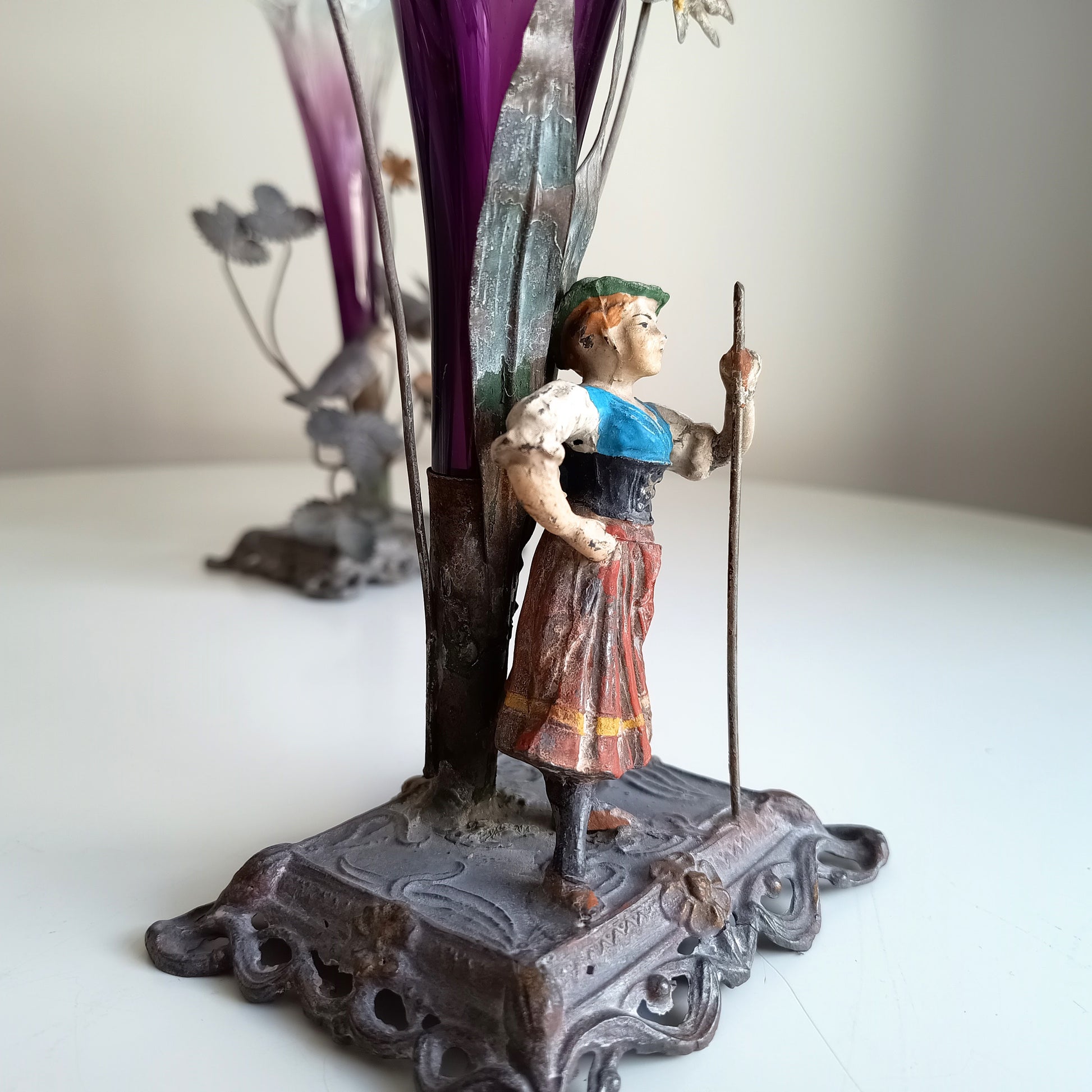 Vienna School Art Nouveau Floriform Glass Solifleur Vases with Cold Painted Metal Pedestals | Wilhelm Kralik