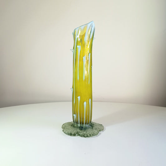 Victorian Art Nouveau Citrine Thorn Glass Vase Bohemia c.1890–1900 Opalescent Accents & Leaf Base