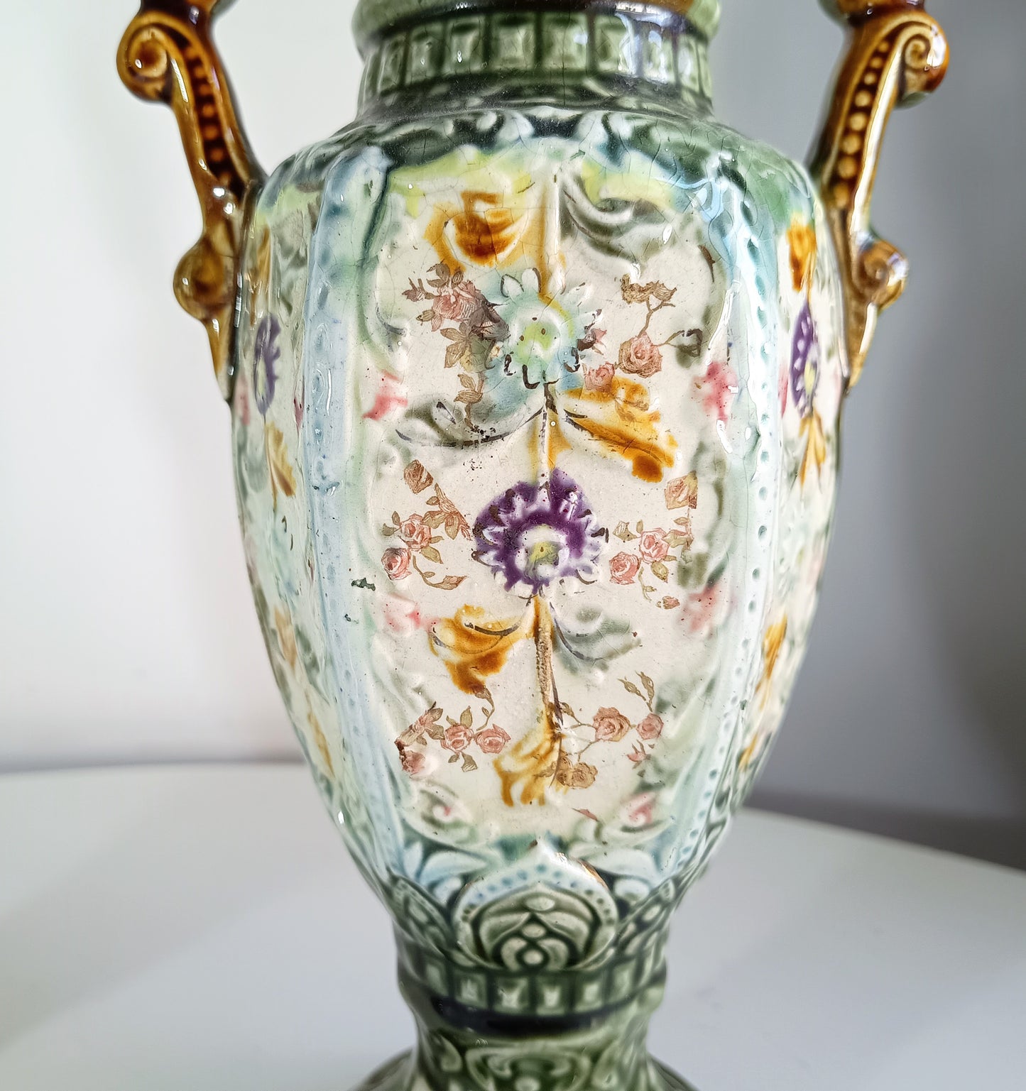 Art Nouveau Majolica Twin Handled Vases – Edwardian Staffordshire, Pair