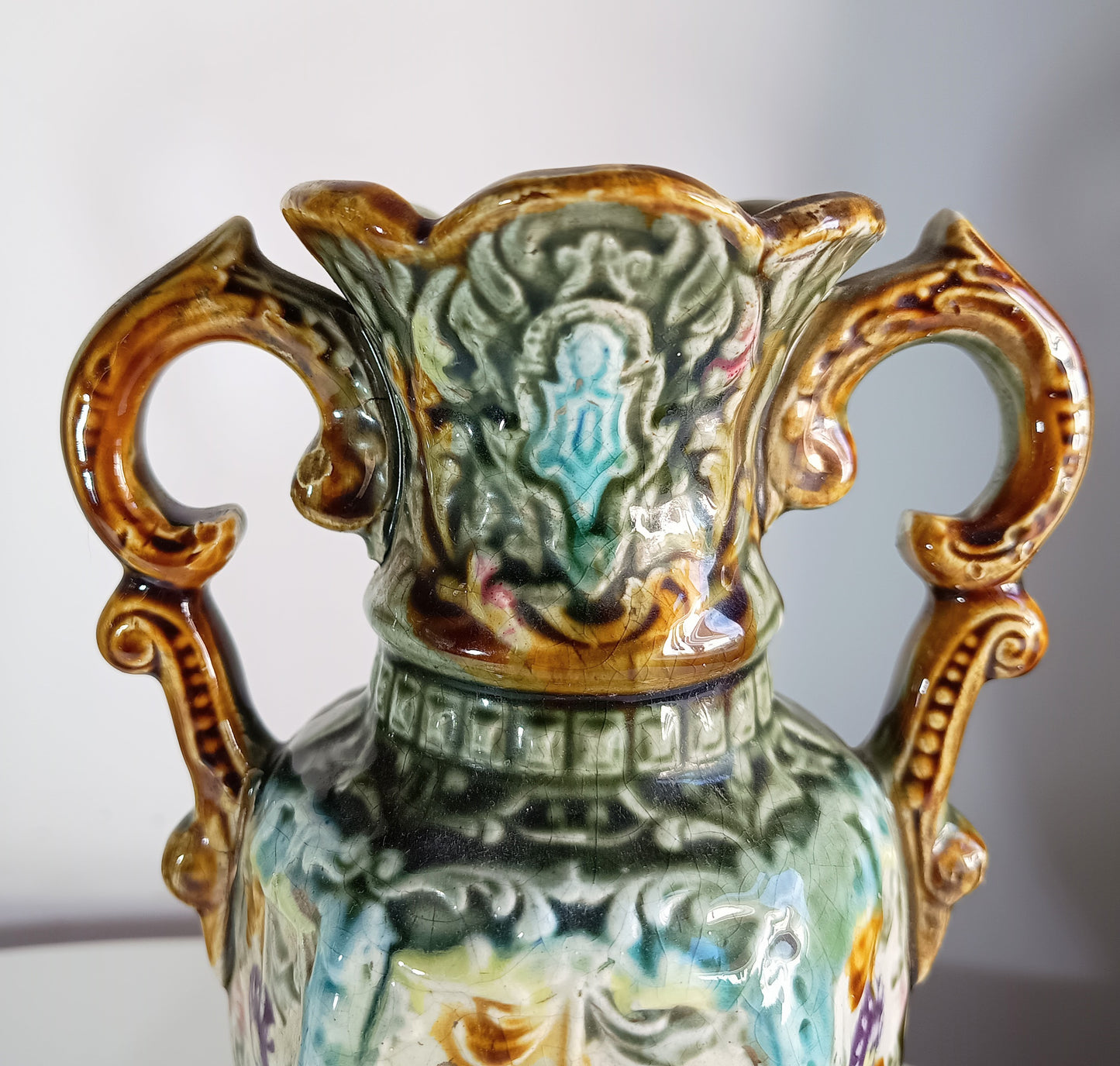 Art Nouveau Majolica Twin Handled Vases – Edwardian Staffordshire, Pair