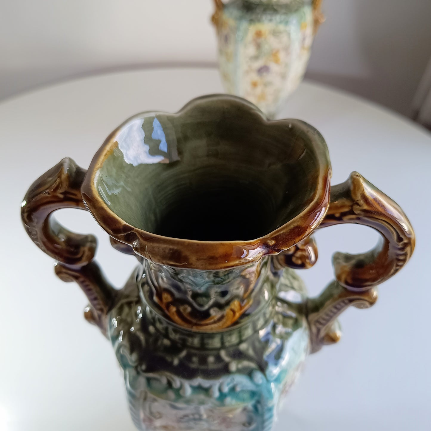 Art Nouveau Majolica Twin Handled Vases – Edwardian Staffordshire, Pair