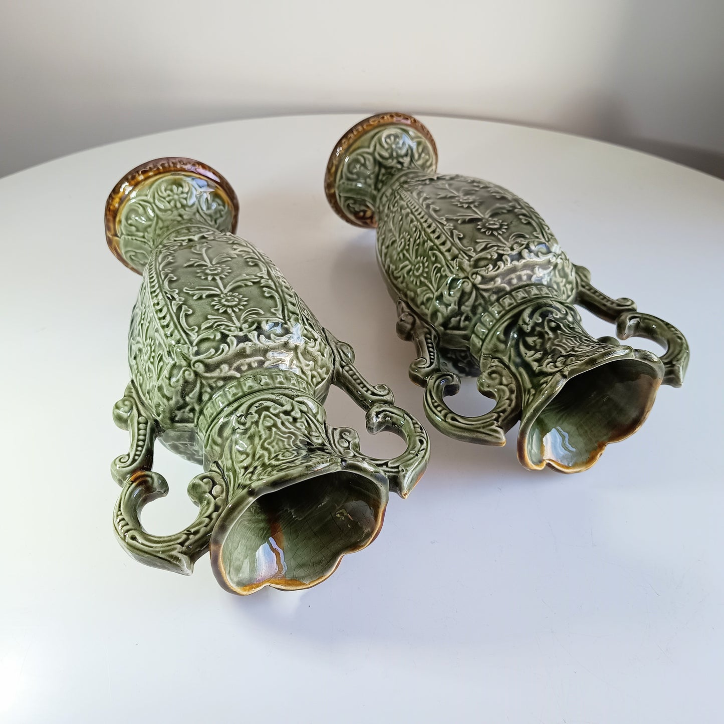 Art Nouveau Majolica Twin Handled Vases – Edwardian Staffordshire, Pair