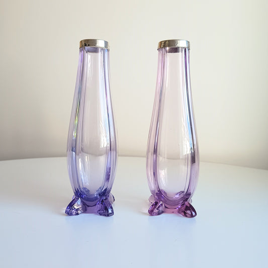 Antique Pair of Bohemia Export Amethyst Purple Glass Vases, London Hallmarked to David Loebl, Schindler,  Sterling Silver Collars 1920s